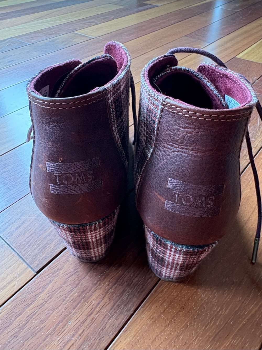 Toms Plaid Wedge Boots in Burgundy and Brown - Picture 3 of 5
